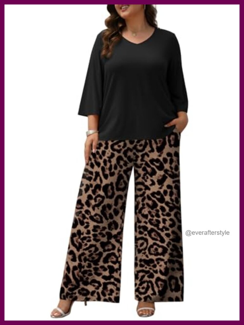Women's Plus Size 2 Piece Outfit 3/4 Sleeve Tunic Top Wide Leg Pant Set